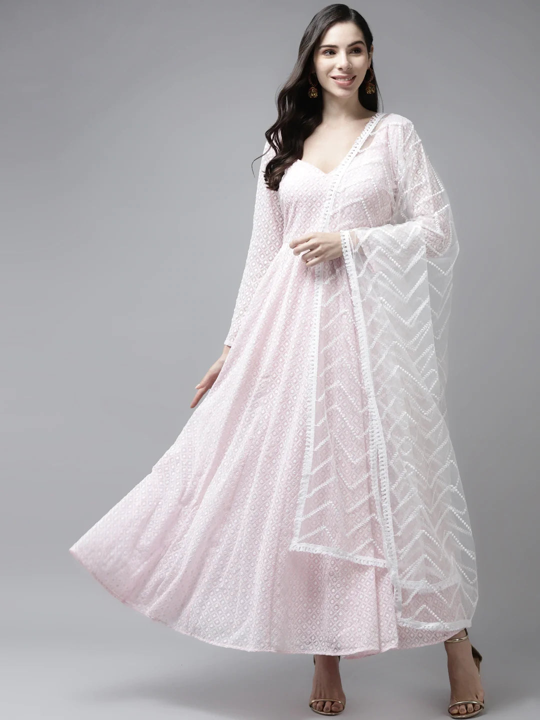 Pink & White Ethnic Motifs Embroidered Georgette Ethnic Maxi Dress With Dupatta