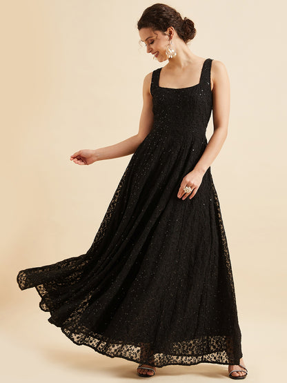 Embroidered Georgette Fit & Flare Maxi Dress - Black