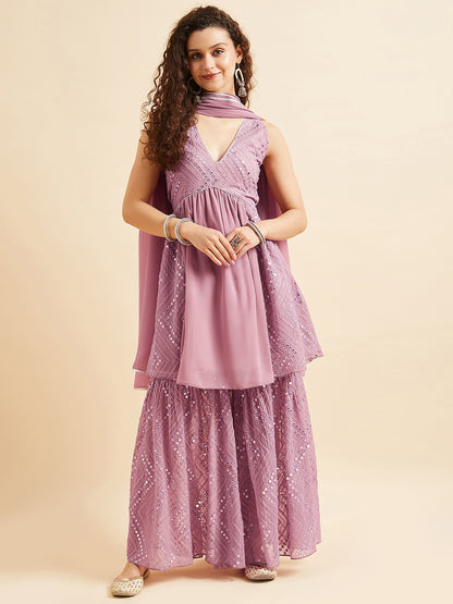 Pink Embellished Mirror Work Kurta With Sharara & Dupatta