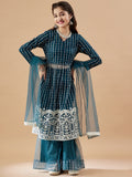 Girls Striped Embroidered Mesh Empire Sequinned Kurta & Sharara & Dupatta