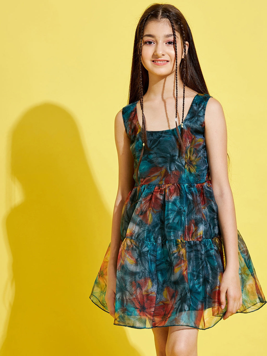 Girls Teal & Rust Floral Dress