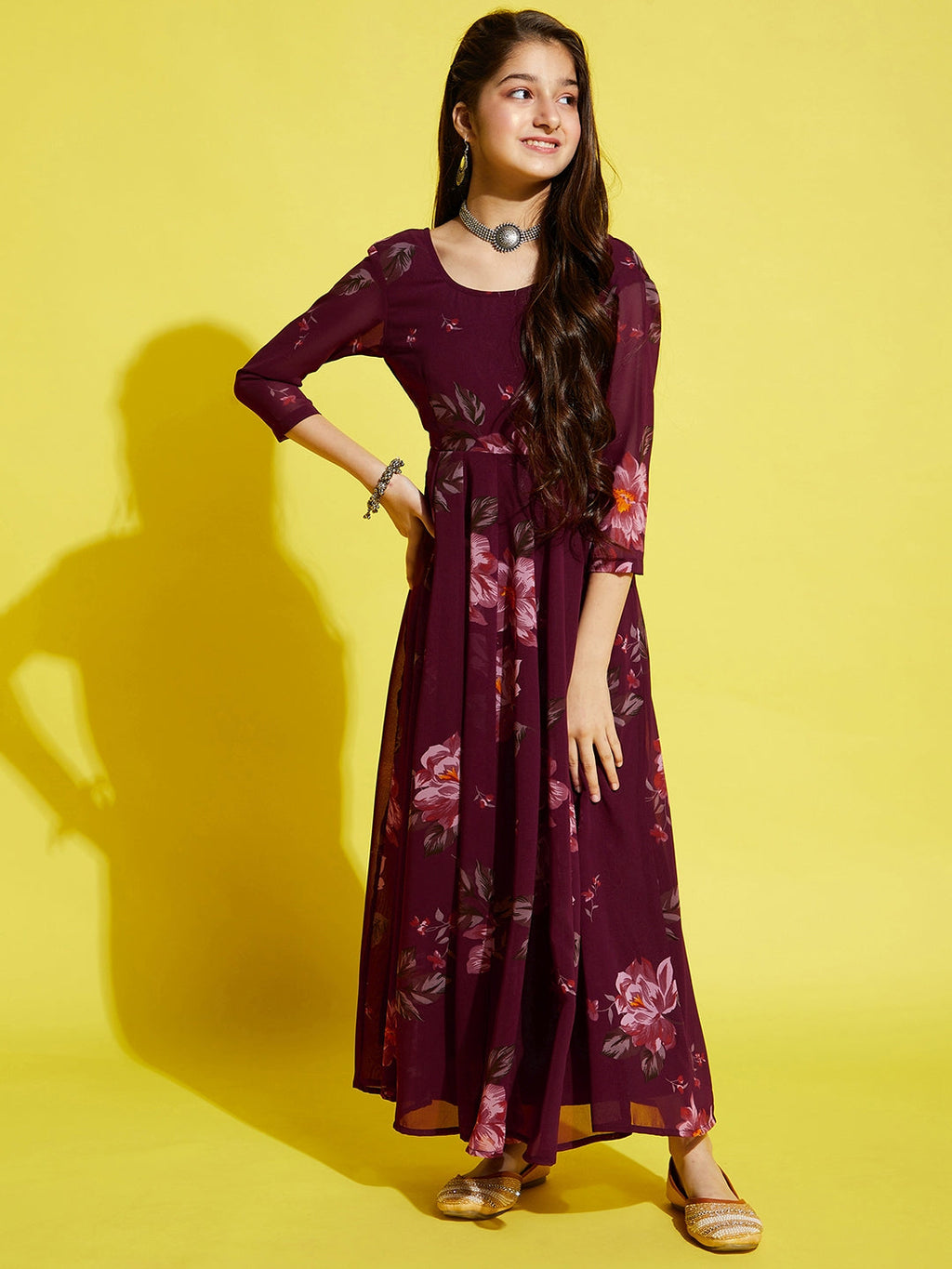 Girls Maroon Floral Printed Georgette