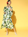 Green & White Floral Satin Ethnic Kaftan Dress