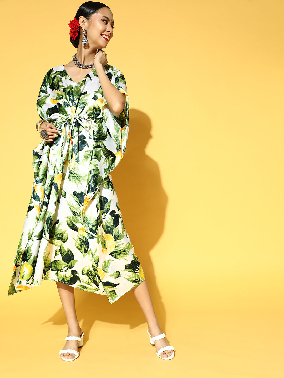 Green & White Floral Satin Ethnic Kaftan Dress