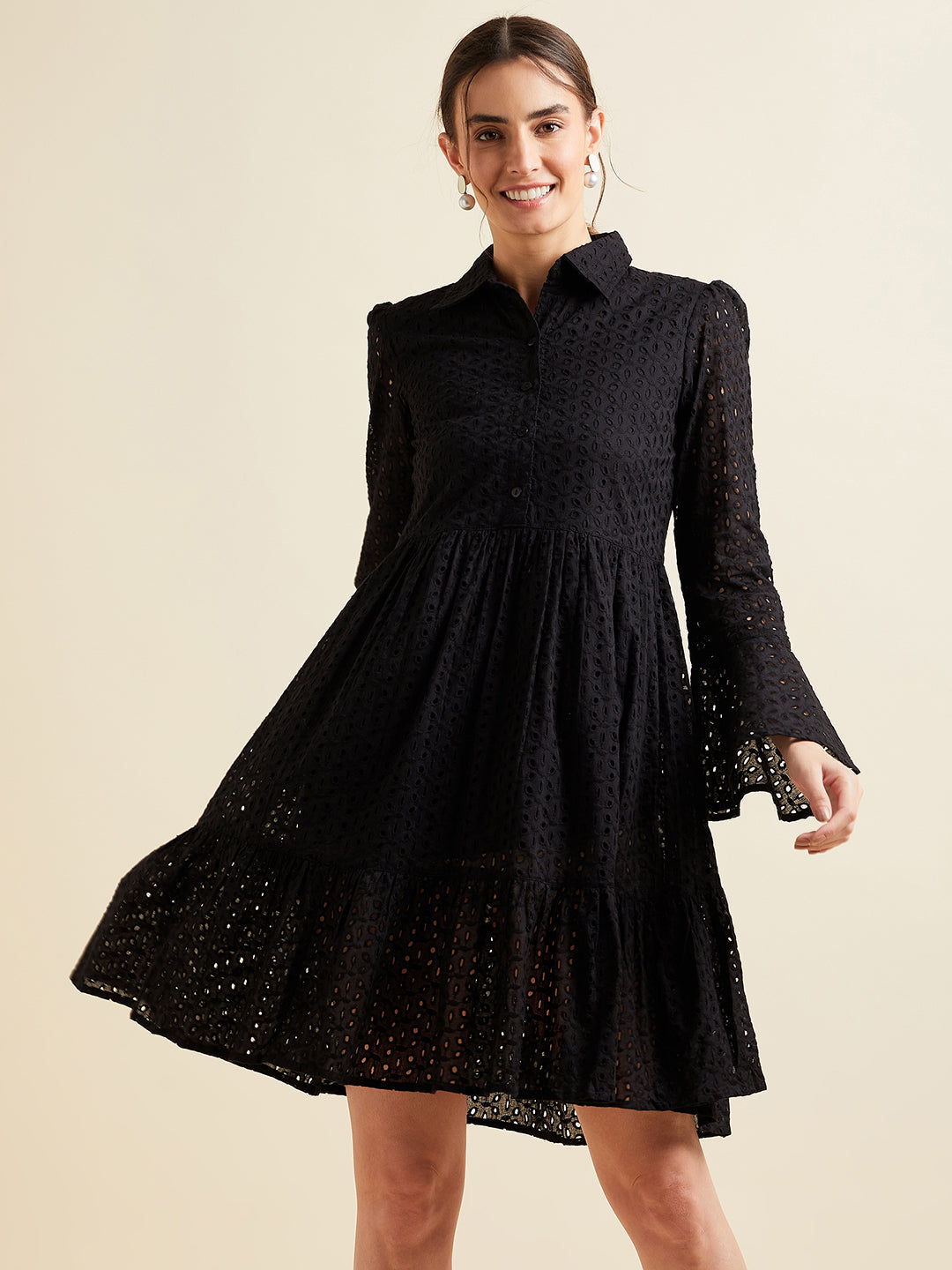 Women Black Shirt Collar Bell Sleeve Ruffled Schiffli Cotton A-line Dress