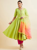 Women Neon Green Pleated Golden Thread Work Kurta Set With Trouser And Dupatta