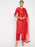 Women Red Sequin Straight Kurta Set with Dupatta