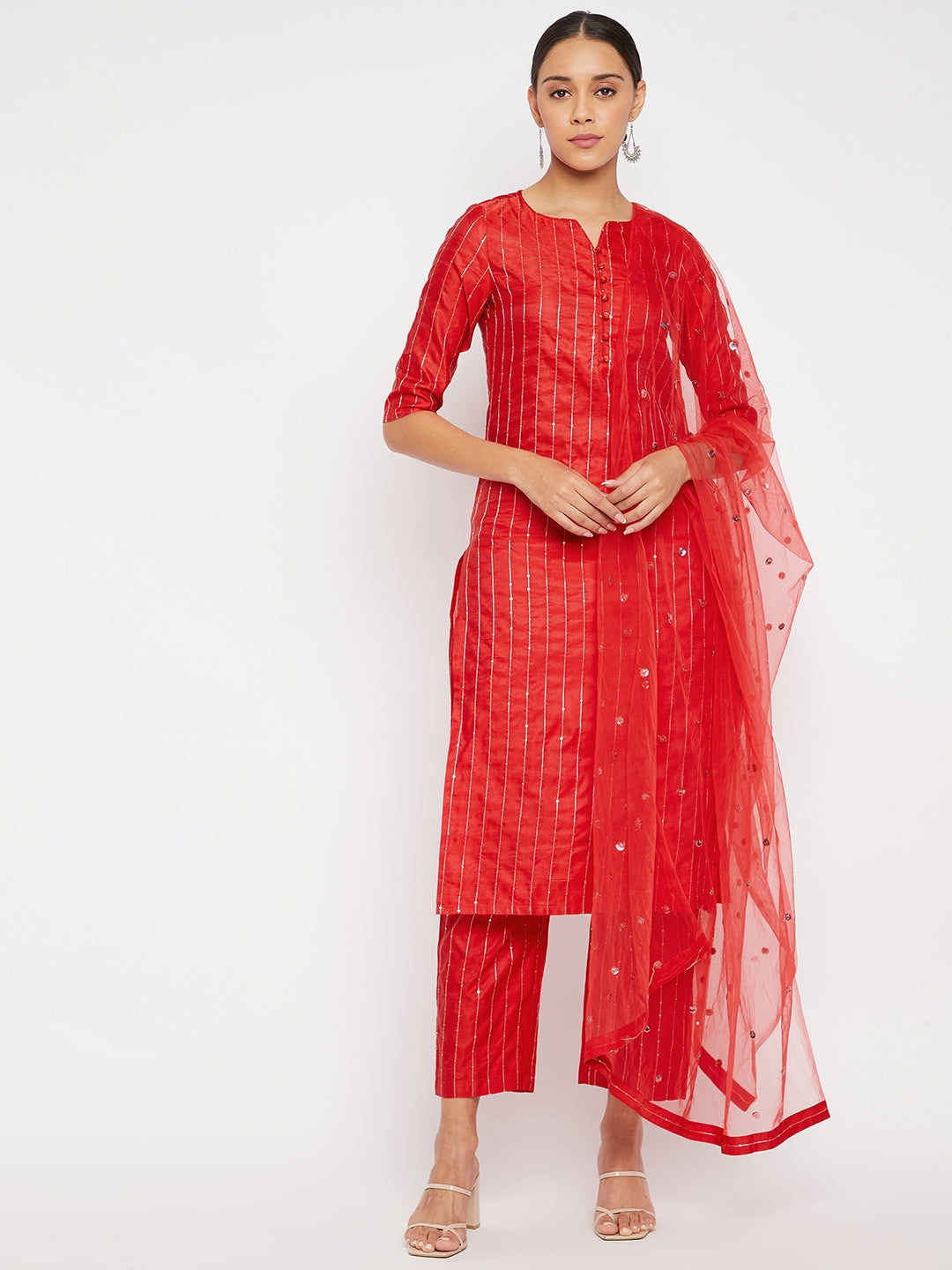 Women Red Sequin Straight Kurta Set with Dupatta