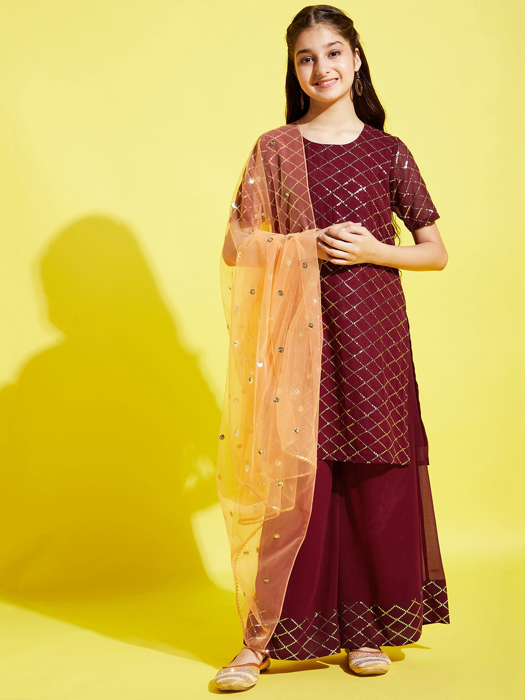 Girls Burgundy Embroidered Straight Kurta with Palazzos & With Dupatta