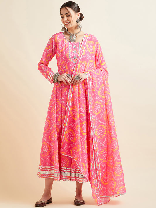 Bandhani Printed Fit & Flared Maxi Ethnic Dress With Dupatta