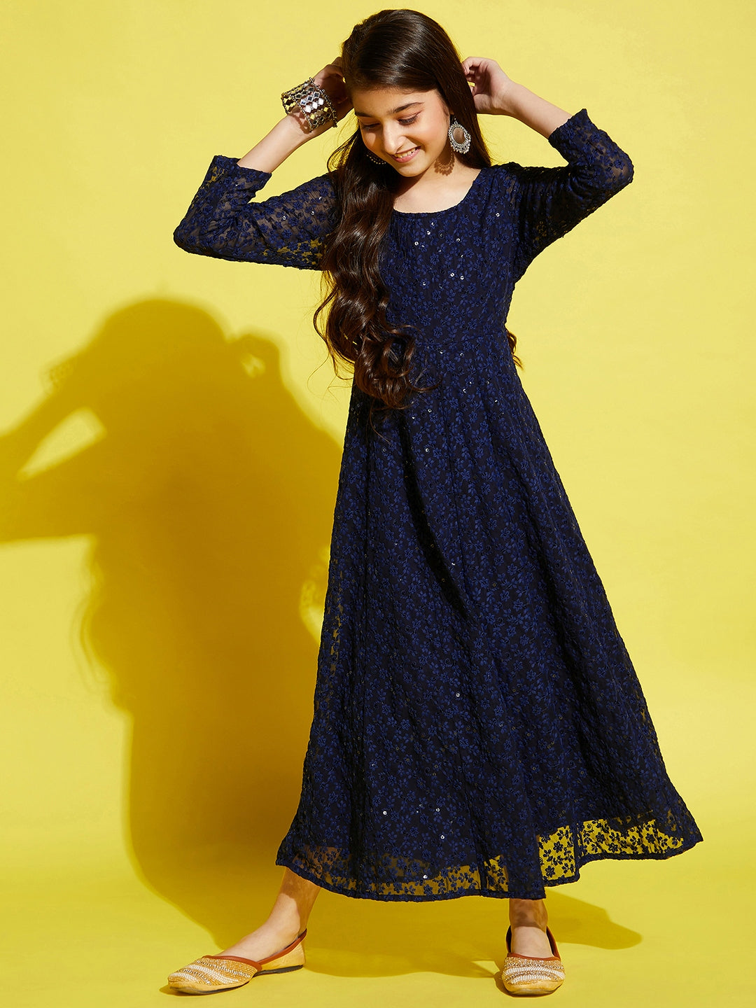 Girls Floral Embroided Maxi Dress - Navy Blue