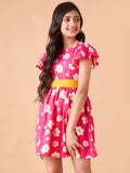Girls Floral Printed Flutter Sleeve Fit & Flare Dress