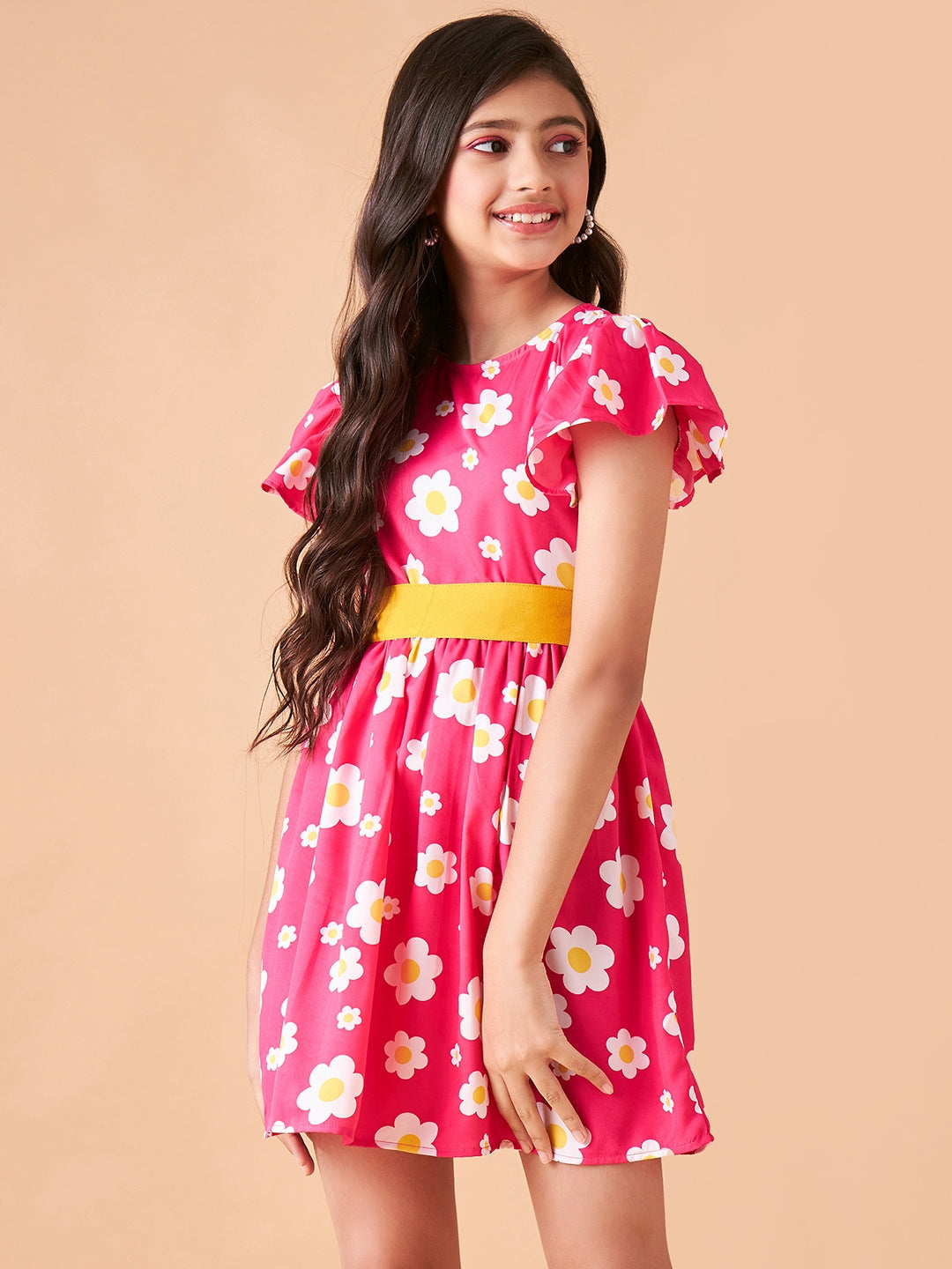 Girls Floral Printed Flutter Sleeve Fit & Flare Dress