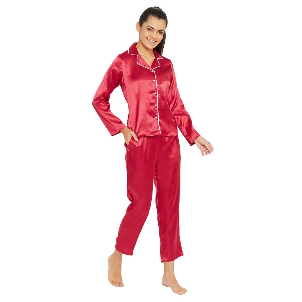 Women Red Satin Finish Solid Night Suit