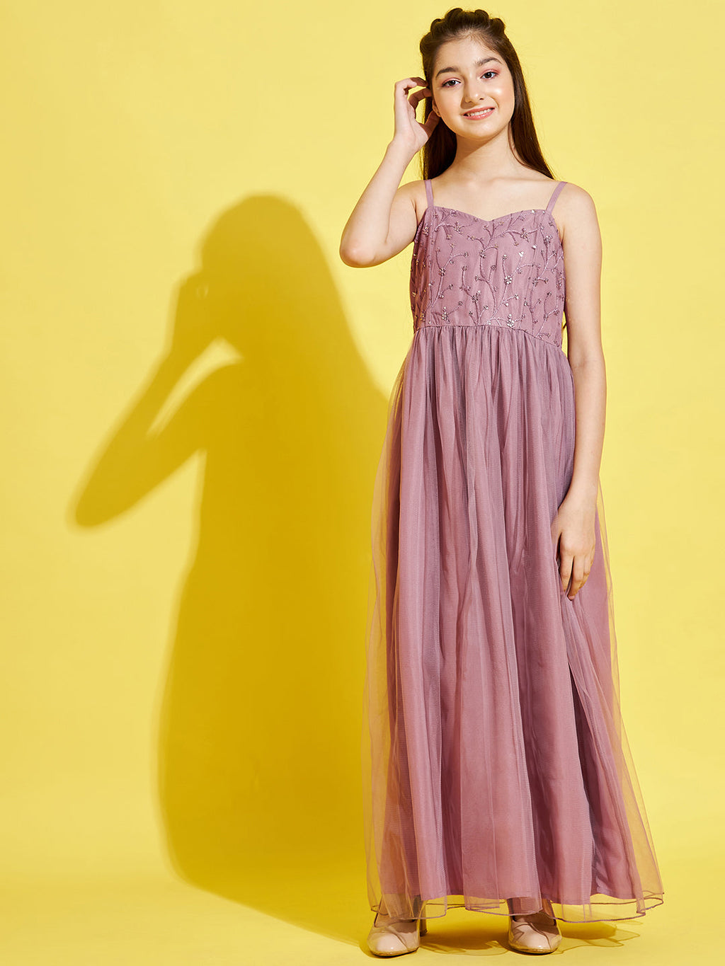 Girls Mauve Floral Net Maxi Maxi Dress