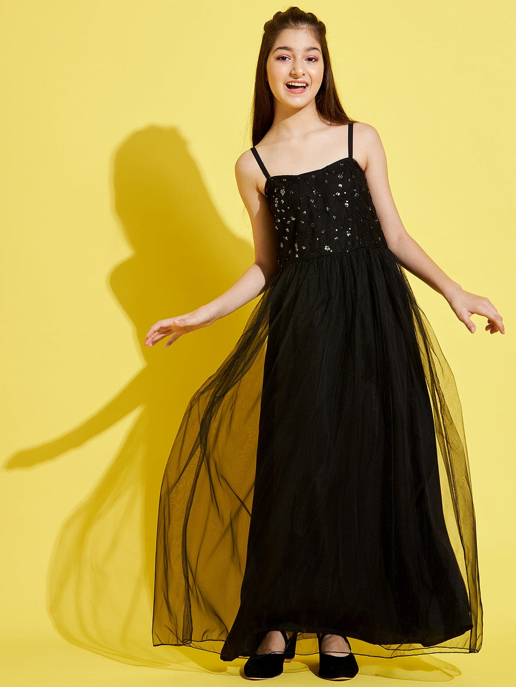 Girls Black Floral Net Maxi Dress