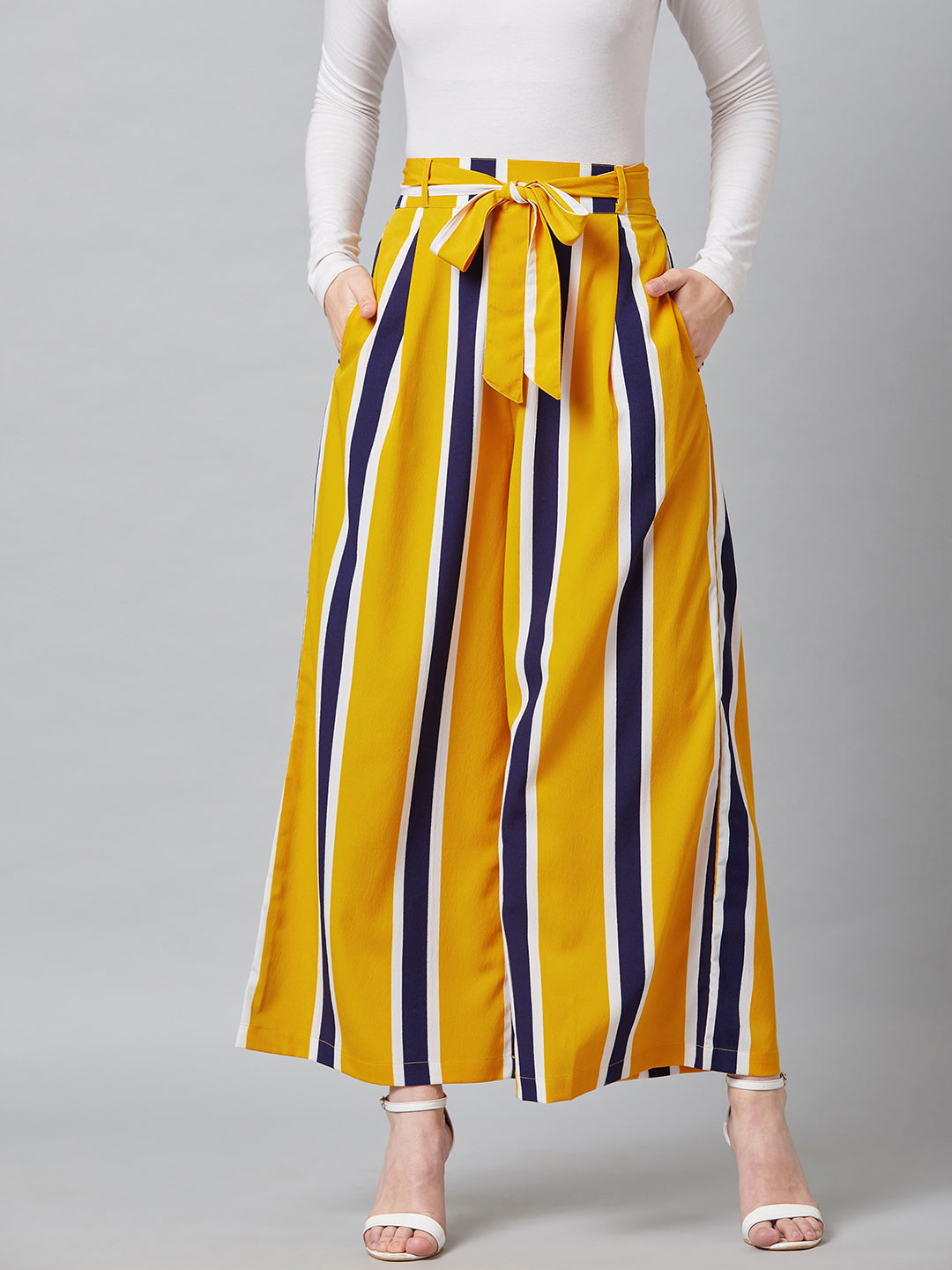 PANIT Women Yellow & Blue Relaxed Loose Fit Striped Trouser