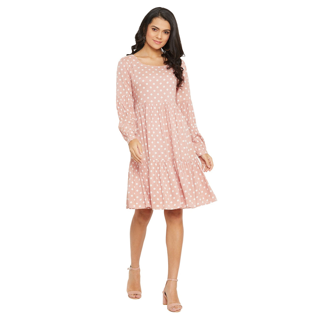 Women Pink Polka Dot Tiered A-line Dress