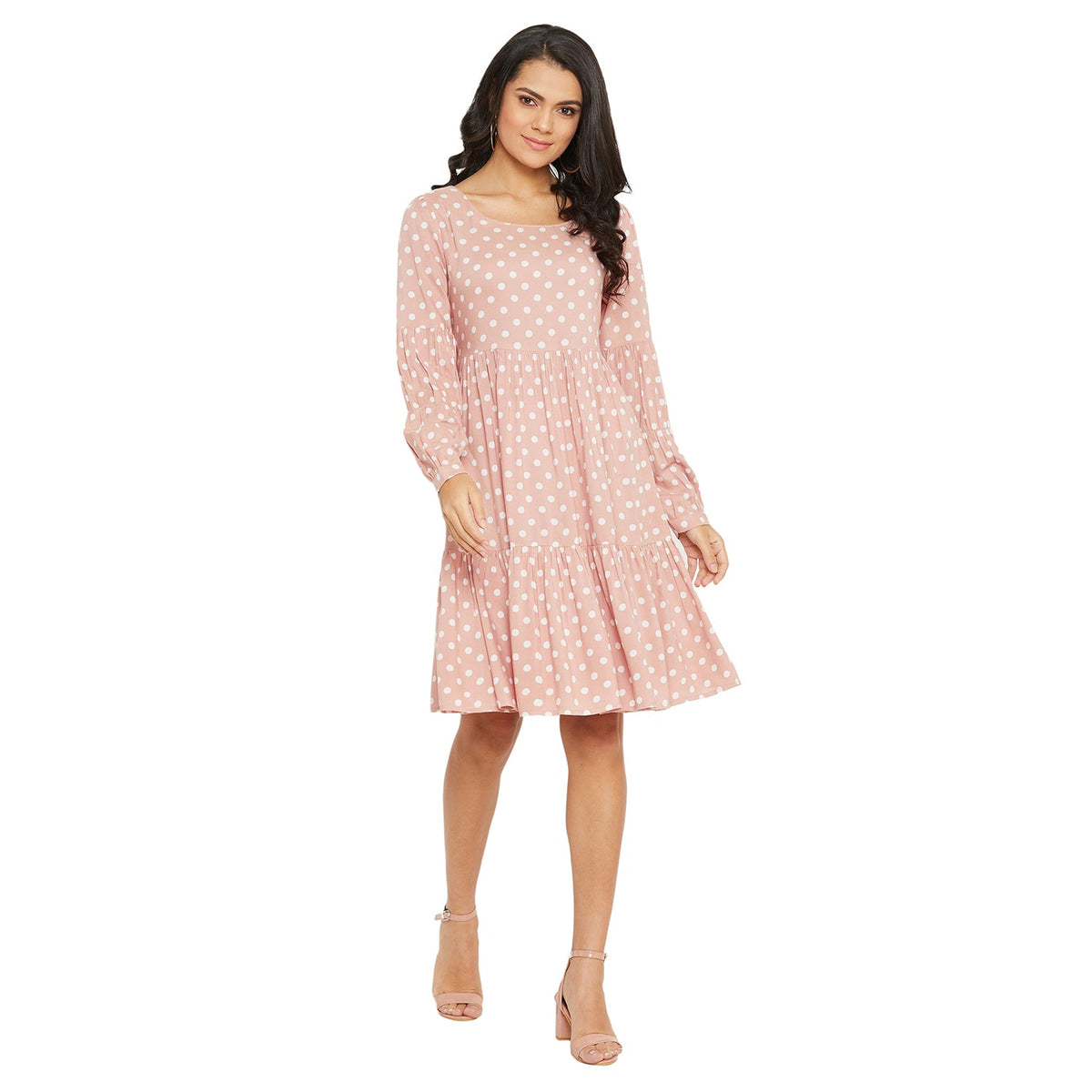 Women Pink Polka Dot Tiered A-line Dress