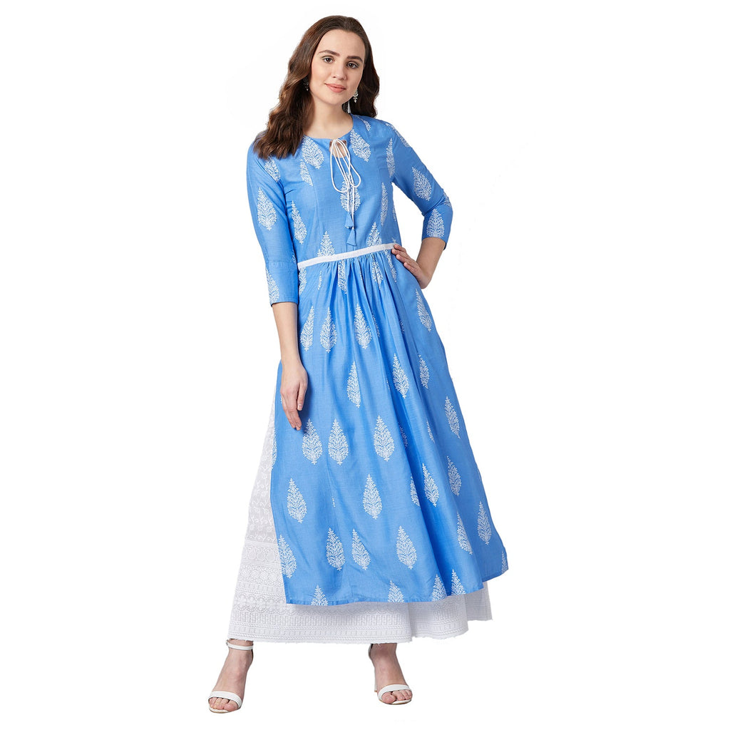 Women Blue & White Floral Print Anarkali Kurta
