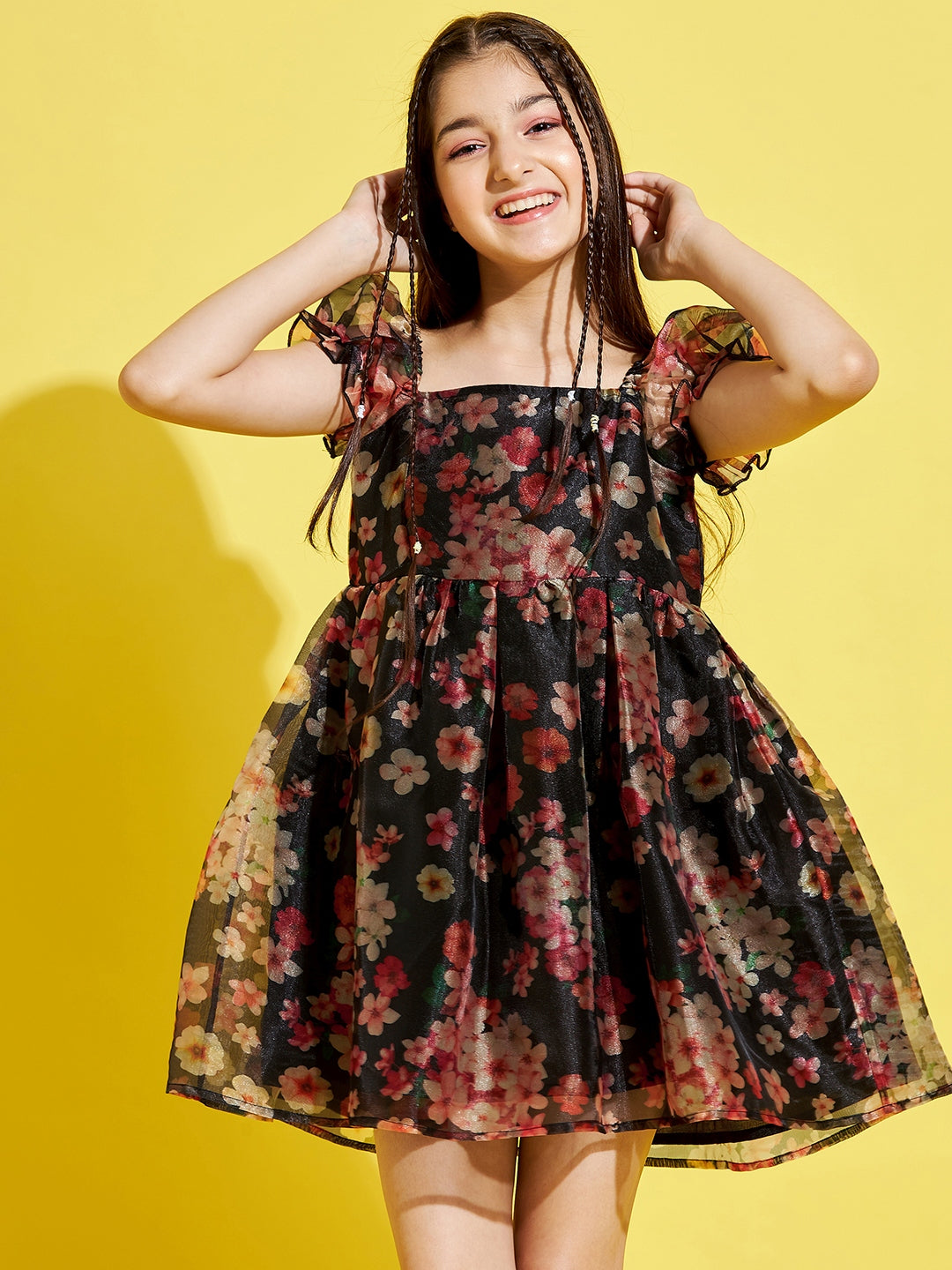 Girls Black & Red Floral Dress