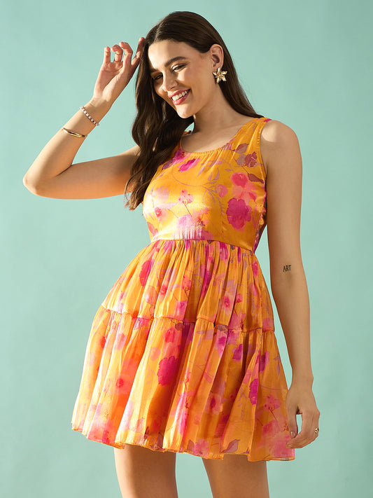 Mustard Floral Print Fit & Flare Dress