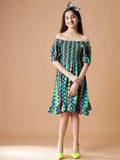 Chevron Printed Off-Shoulder Crepe A-Line Dress