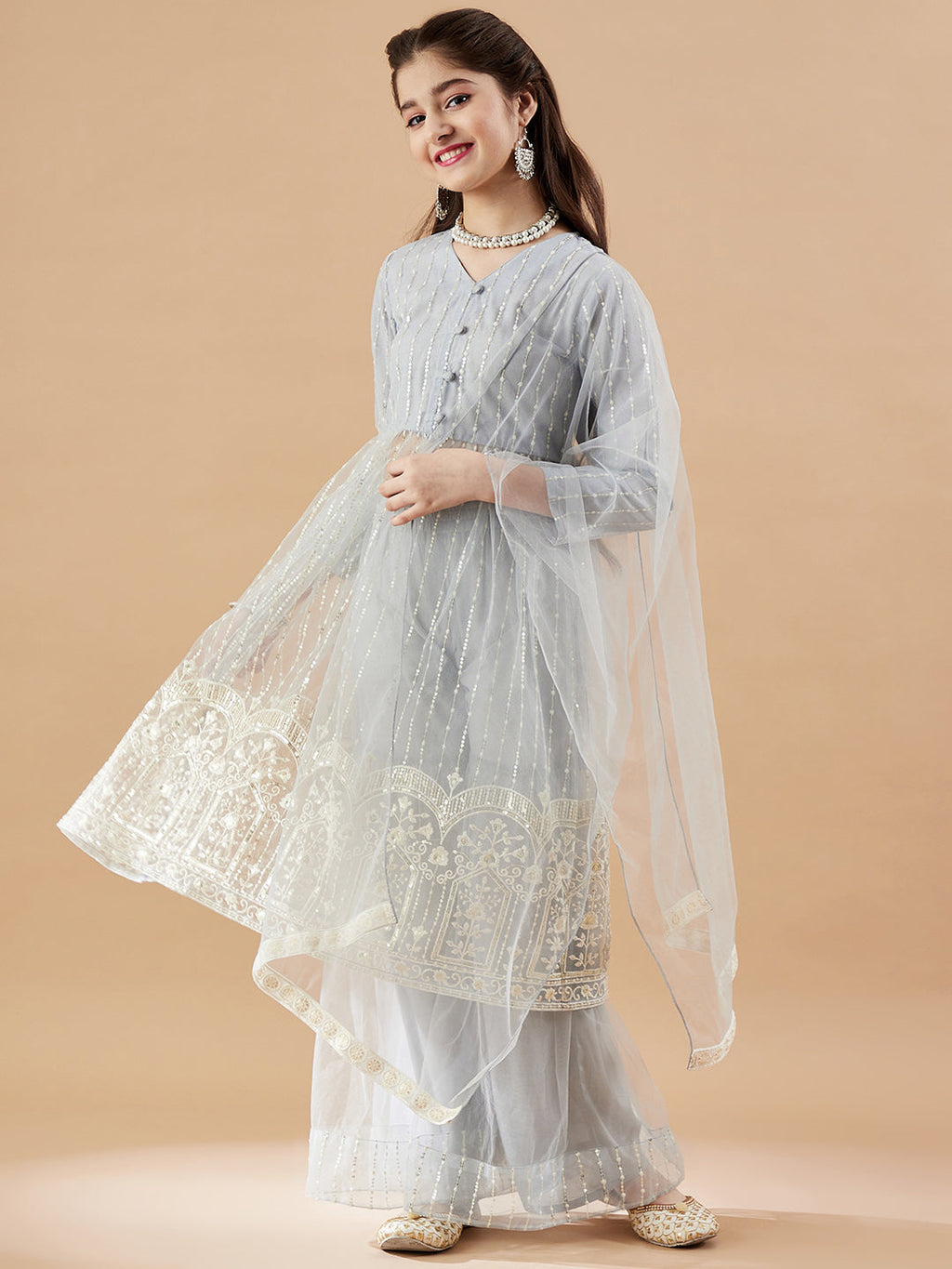 Girls Striped Embroidered Mesh Empire Sequinned Kurta & Sharara & Dupatta