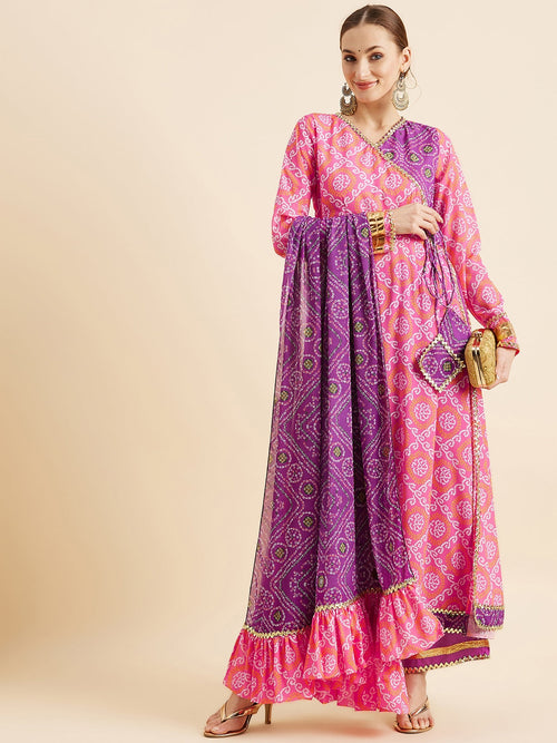 Bandhani Printed Angrakha Gotta Patti Kurta With Trousers  Dupatta