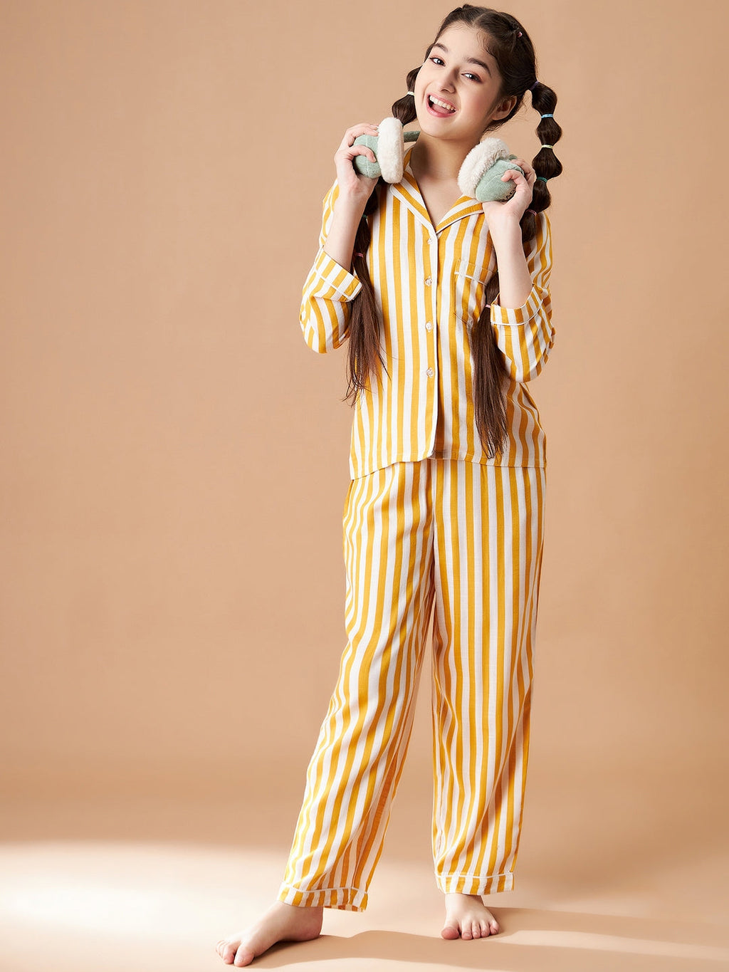 Girls Yellow Striped Cotton Night Suit Set