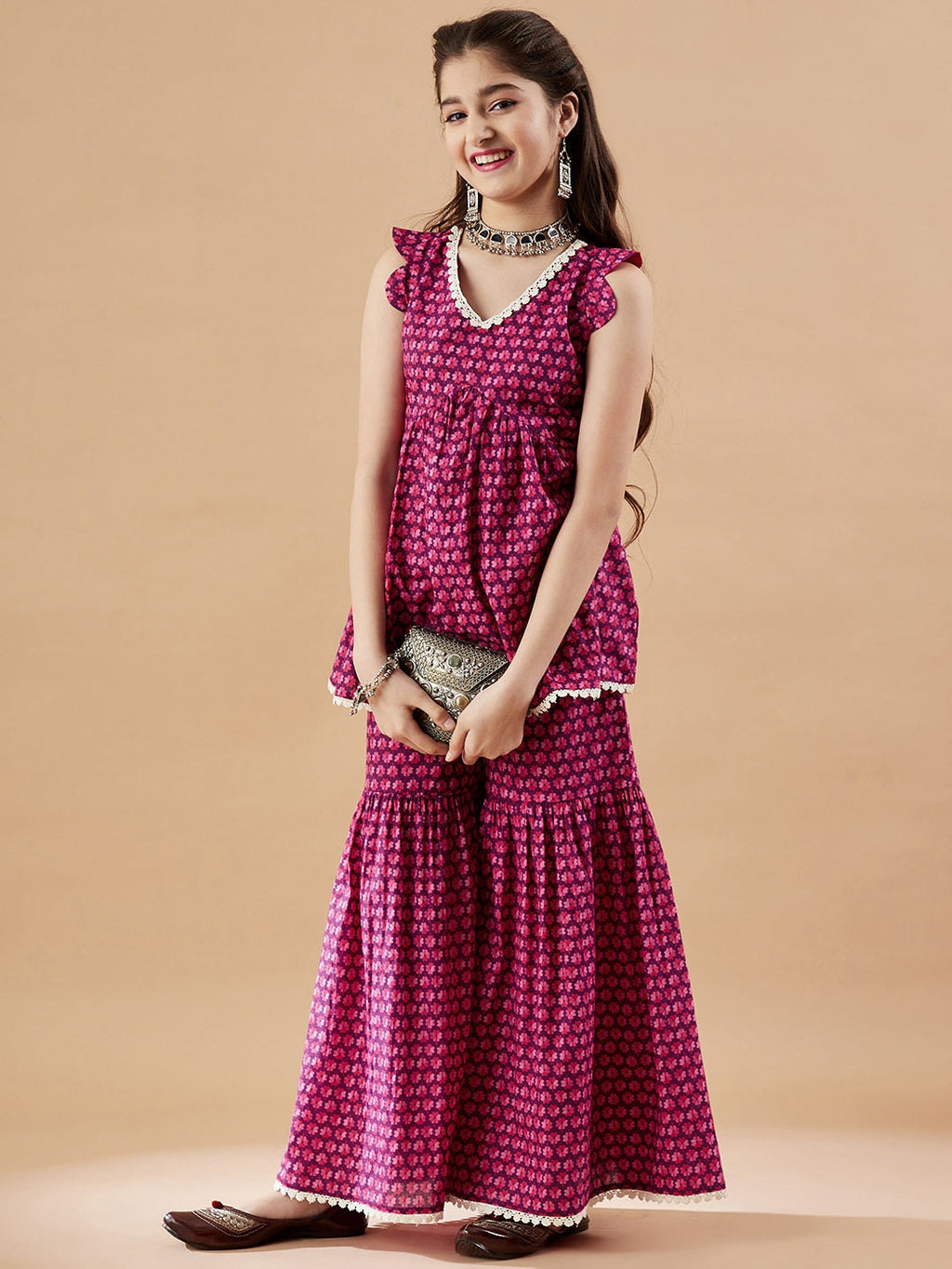 Girls Floral Printed Kurti With Sharara