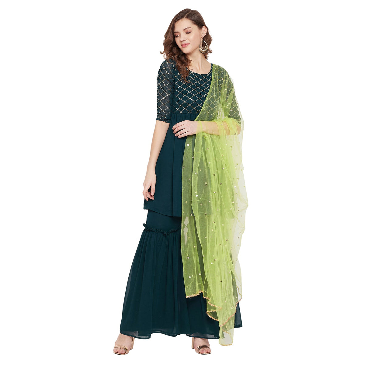 Dark green yoke and sleeve jaal embroidered sharara set with lime green dupatta