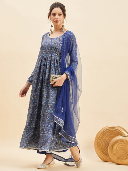 Geometric Printed Empire Anarkali Kurta With Trousers & Dupatta