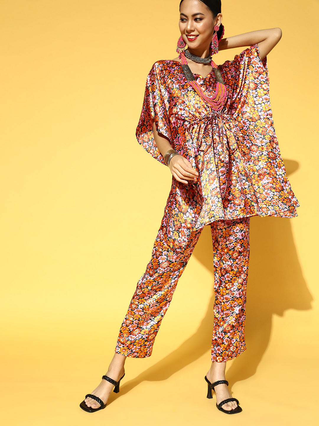 Women Orange & Pink Floral Printed Kaftan Kurta with Trousers