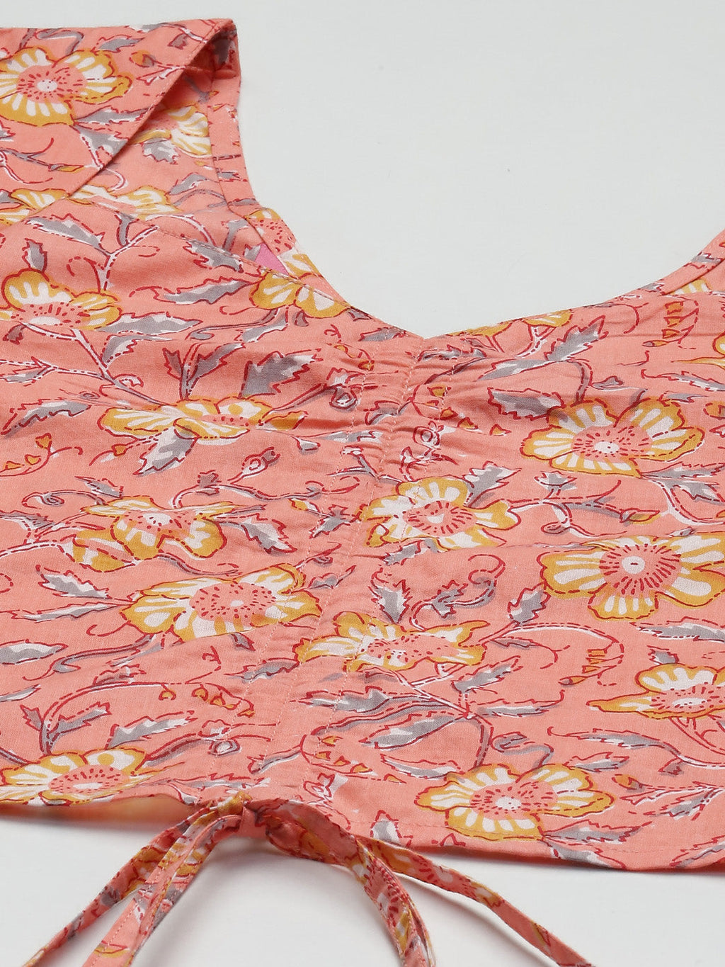 PANIT Peach-Coloured  Yellow Floral Print Sweetheart Neck Pure Cotton Blouson Crop Top