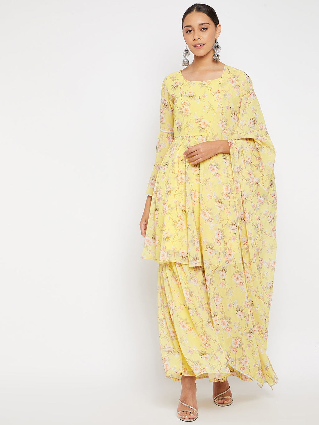 Women Yellow Floral Print Sharara Set With Dupatta