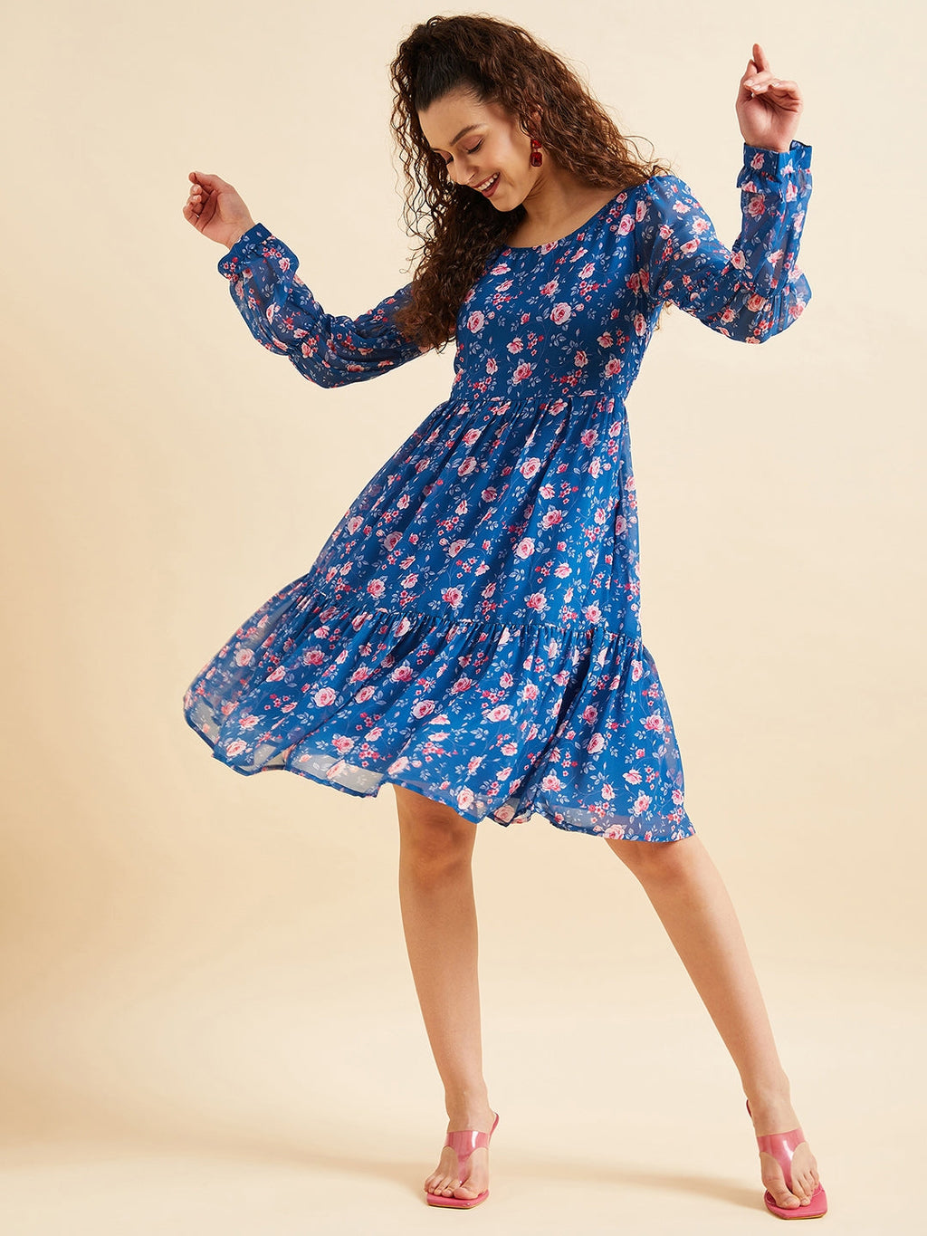 Puffed Sleeves Floral Printed Tiered Fit & Flare Georgette Dress