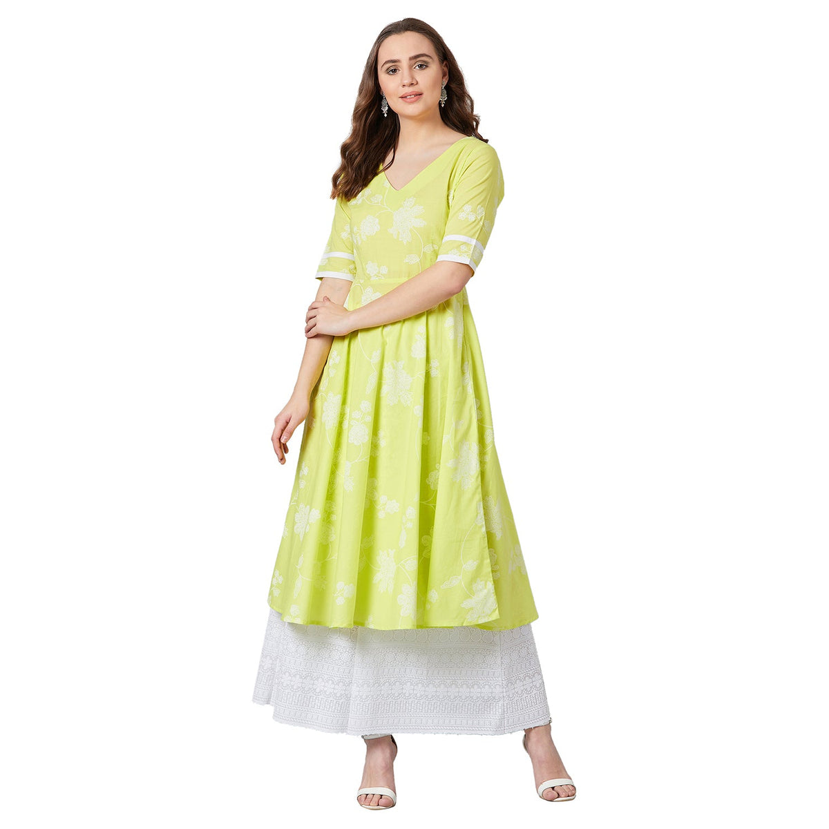 Women Lime Green & White Printed Anarkali Kurta