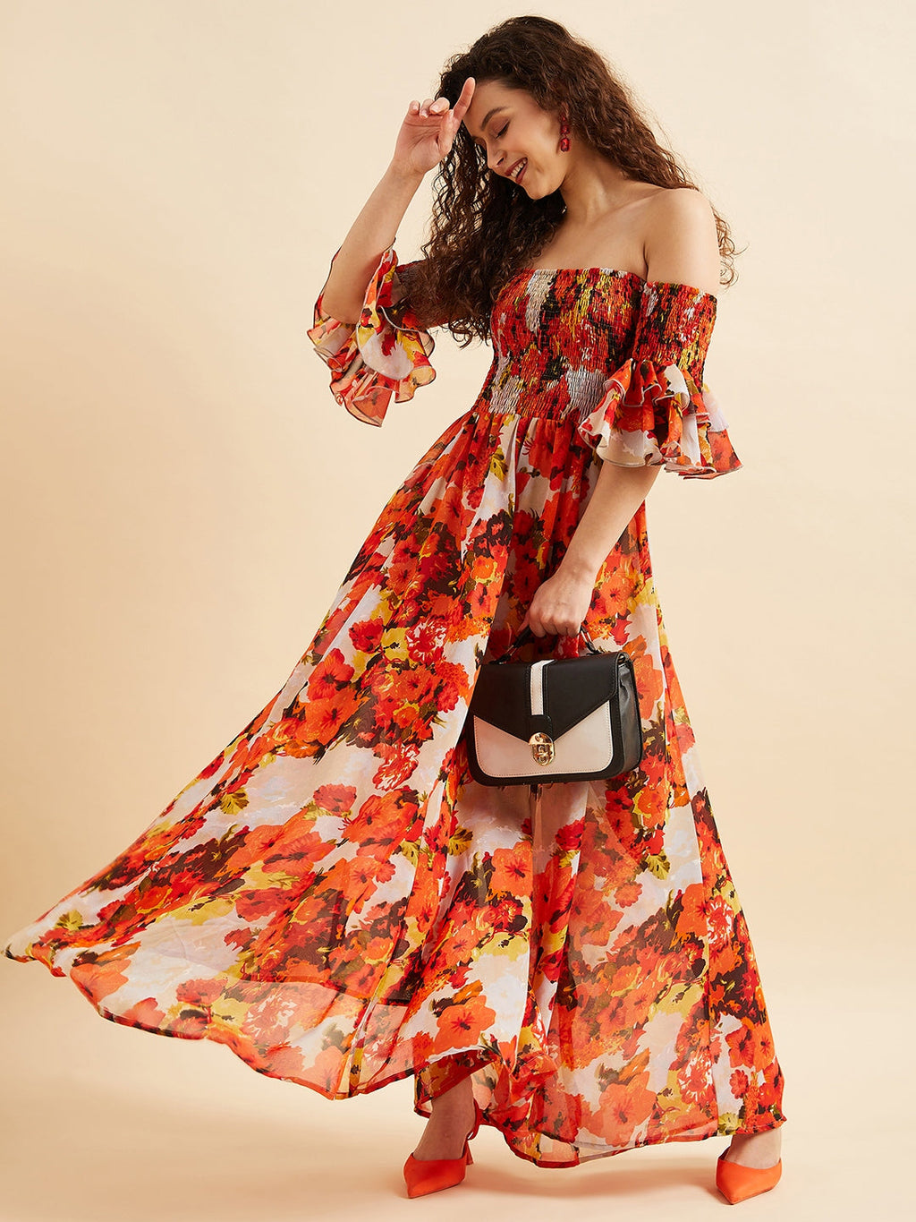 Floral Off-Shoulder Smocked Georgette Maxi Dress