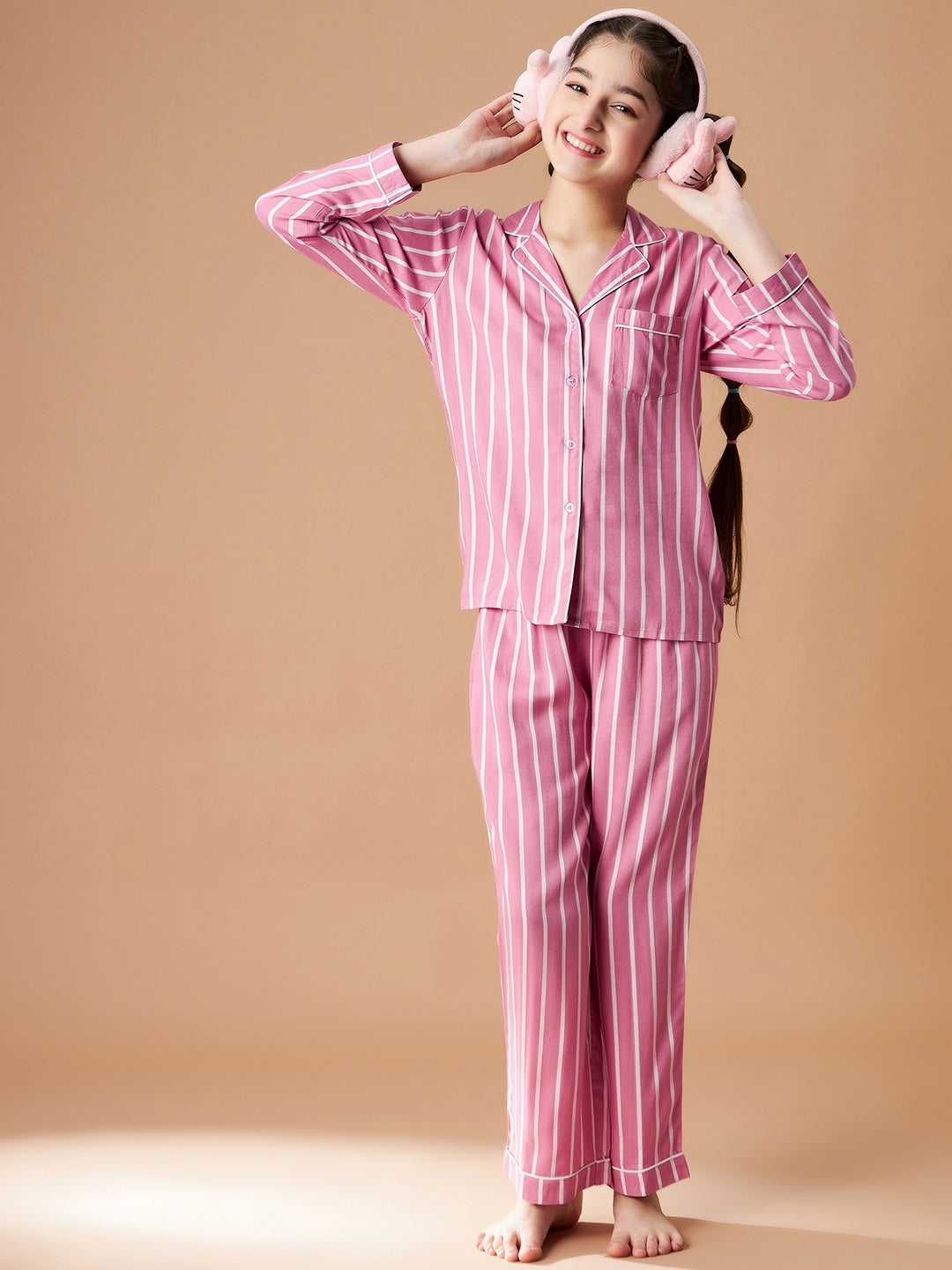 Girls Pink Striped Cotton Night Suit Set