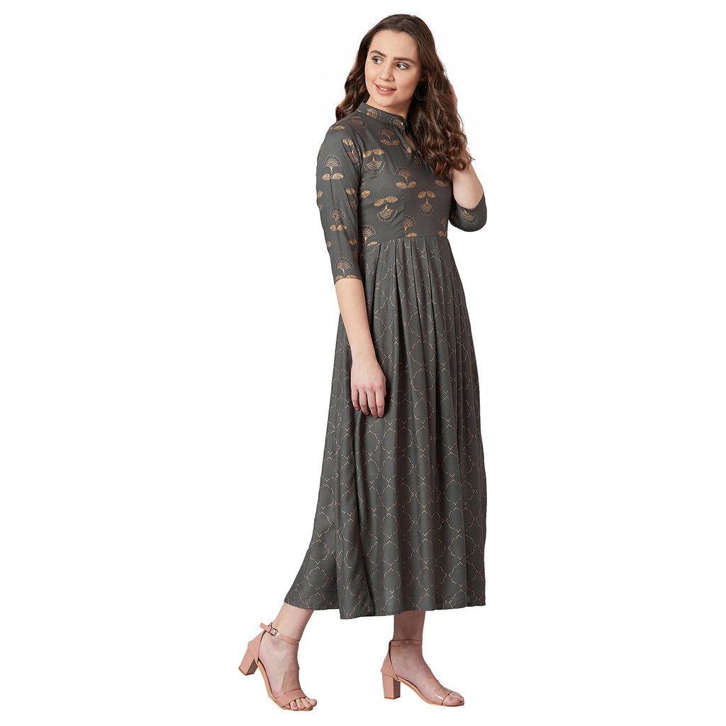Women Charcoal Grey & Gold Block Floral Print Fit and Flare Dress