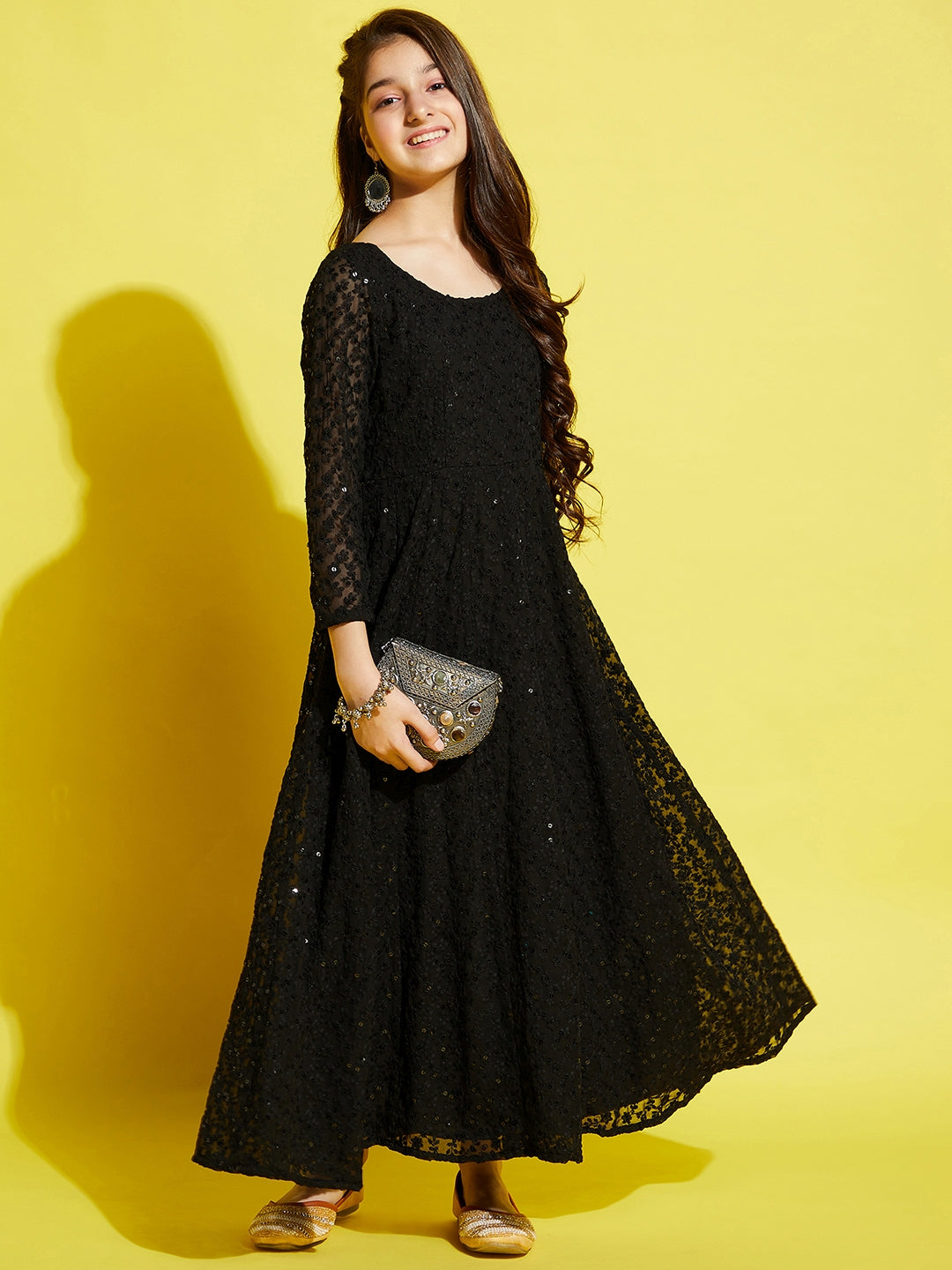 Girls Floral Embroided Maxi Dress - Black