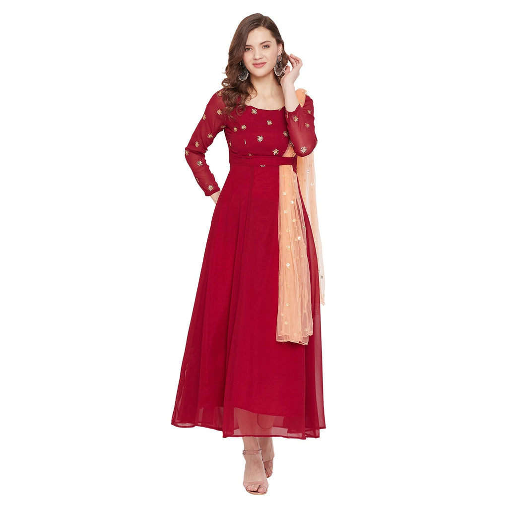 Women Maroon Embellished Maxi Dress With Dupatta