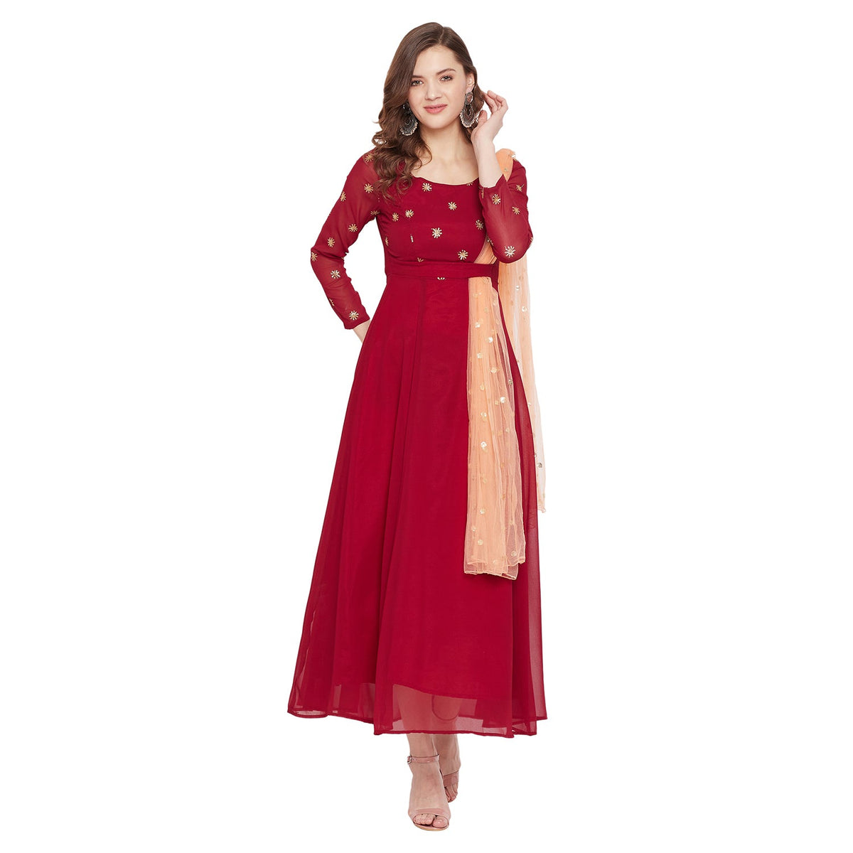 Women Maroon Embellished Maxi Dress With Dupatta