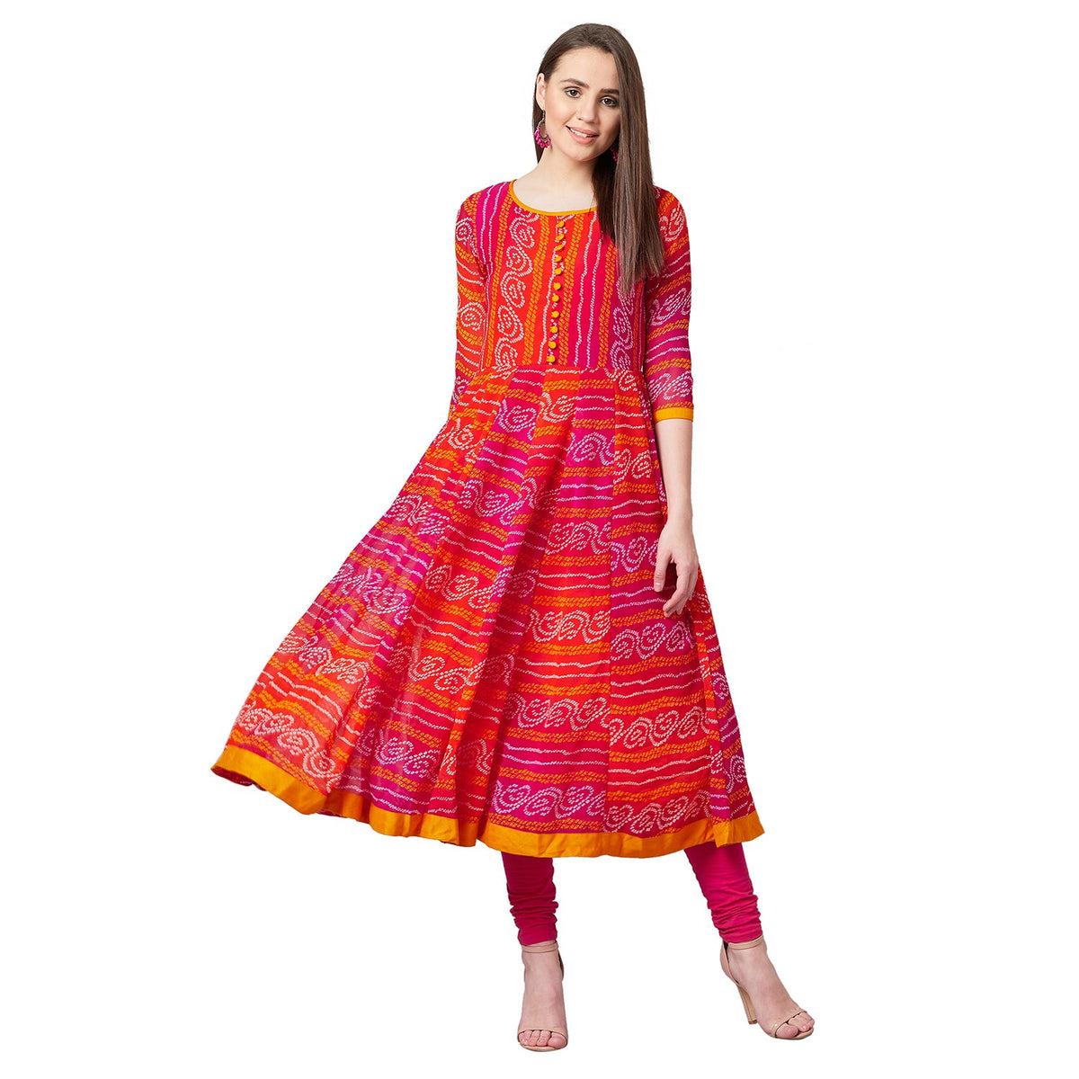 Women Red & Orange Printed Anarkali Kurta