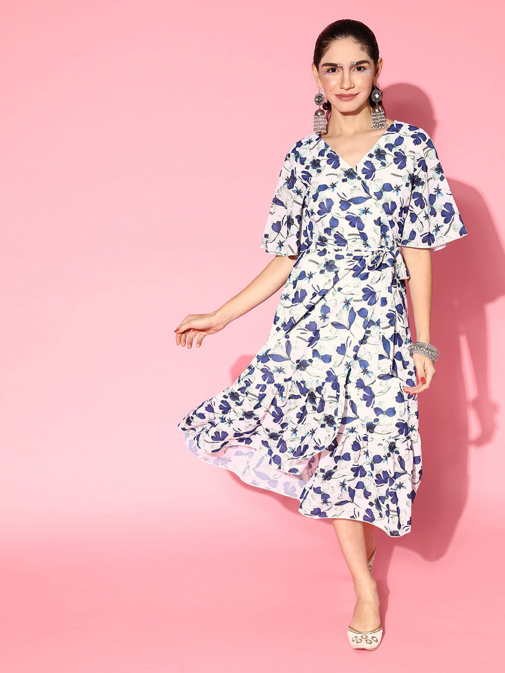 PANIT Women Classic White Floral Twist  Knot Dress