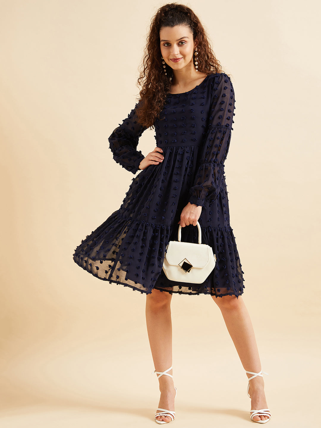 Women Puffed Sleeves Self Design Tiered Fit  Flare Georgette Dress