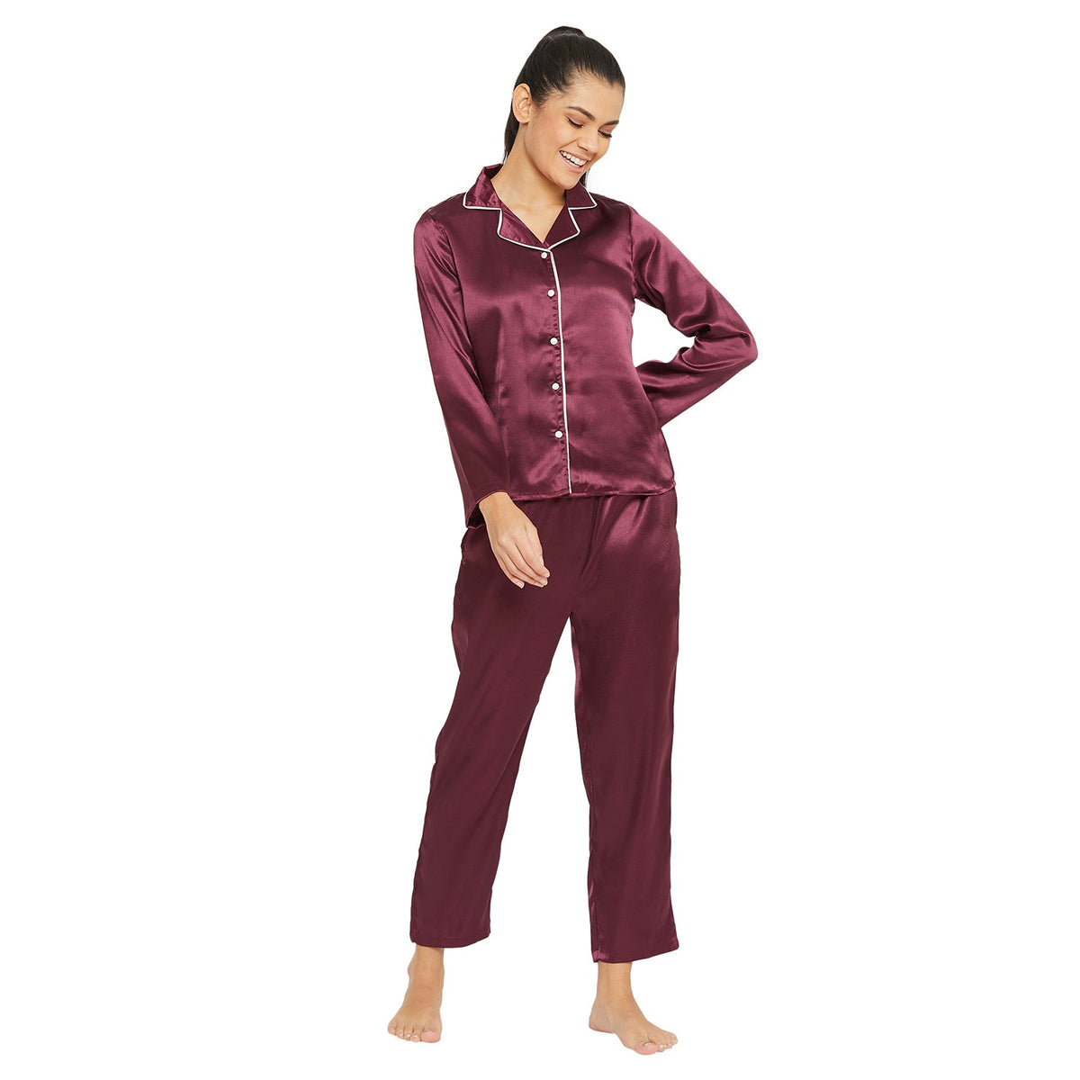Women Wine Satin Finish Solid Night Suit