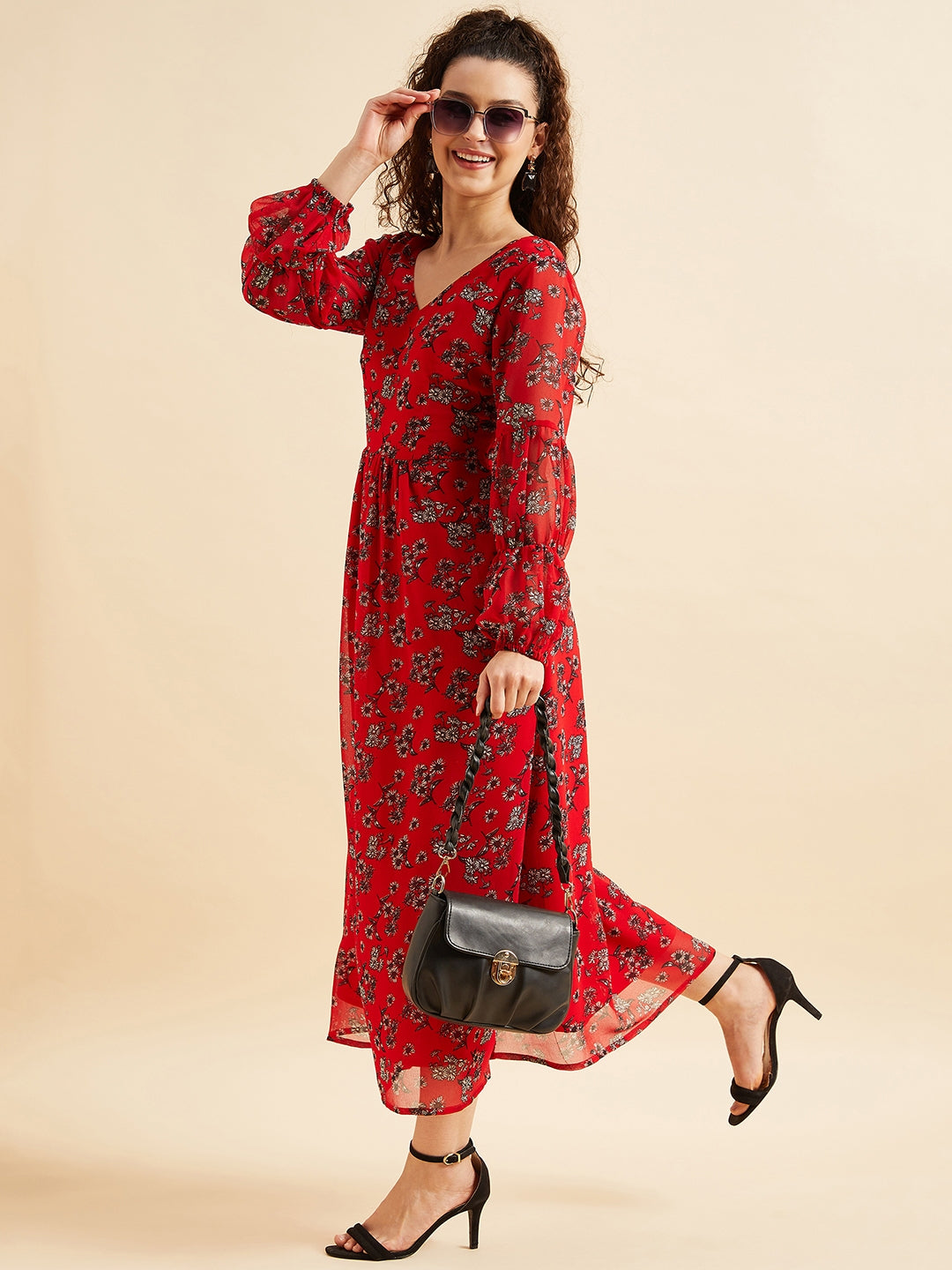 Floral Printed Puff Sleeve Georgette Maxi Dress