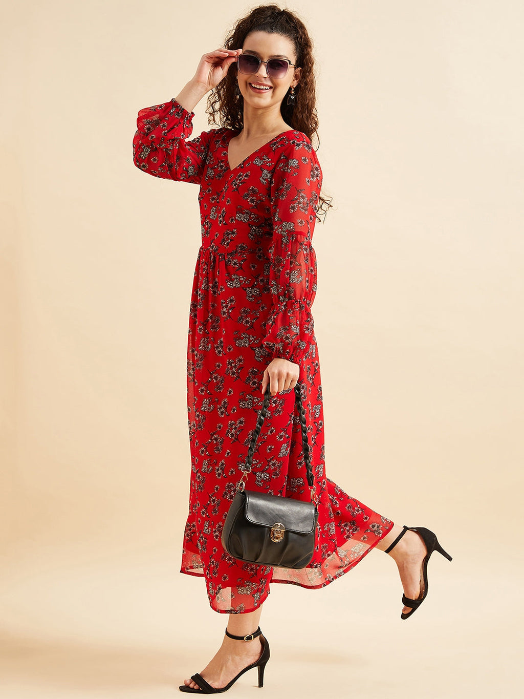 Floral Printed Puff Sleeve Georgette Maxi Dress